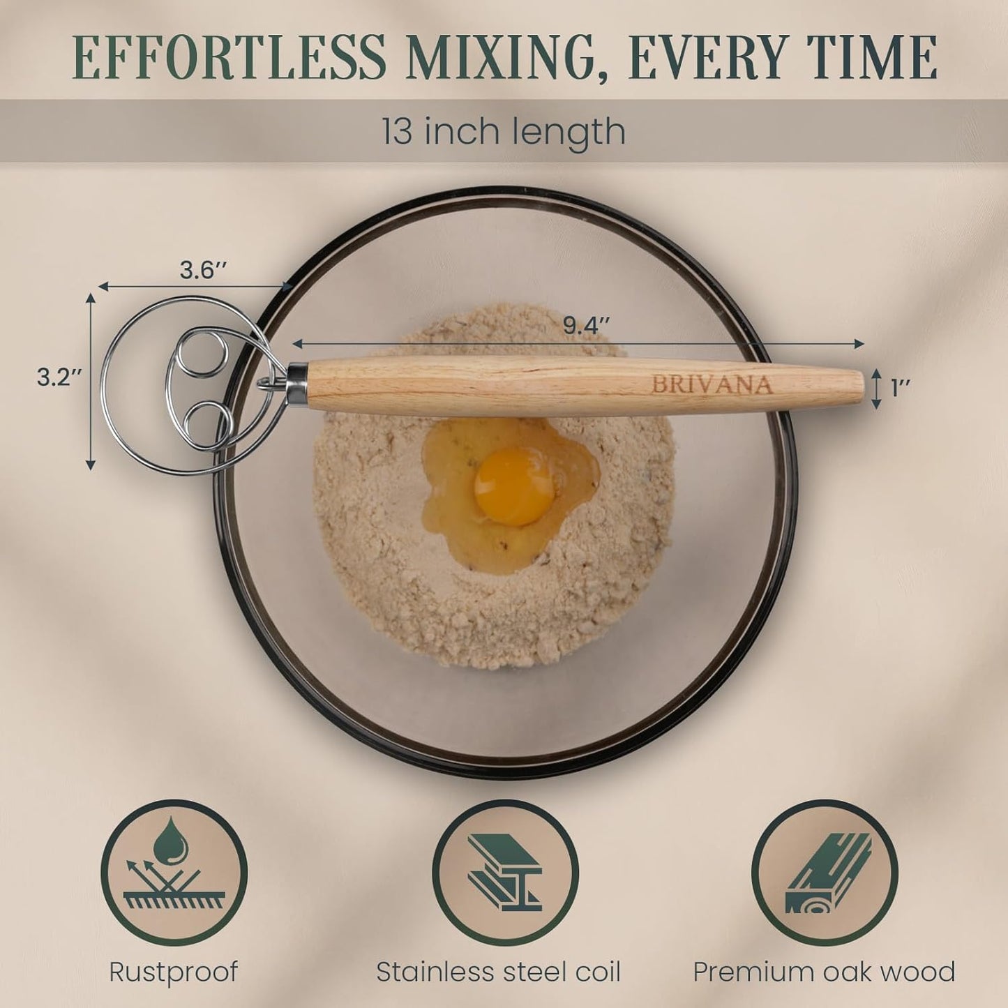 Danish Dough Whisk, Sourdough Bread Whisk with Wooden Handle, 13-Inch Stainless Steel Single Loop Dough Mixer for Bread Making, Pizza Dough, Batter and Pastry