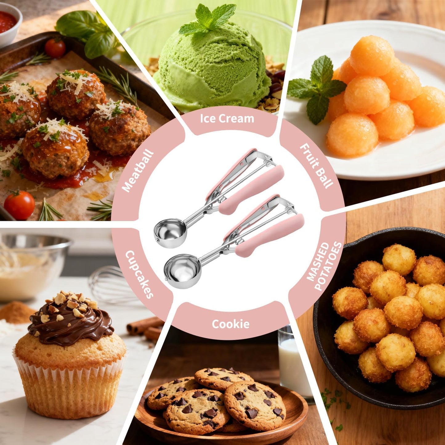 Cookie Scoops for Baking Set of 2, Pink Handle 18/8 Stainless Steel Ice Cream Scoop Set with Ergonomic Soft Grip, Spring Trigger Release Cookie Dough Scooper for Cupcakes, Muffins, Meatballs, Melon