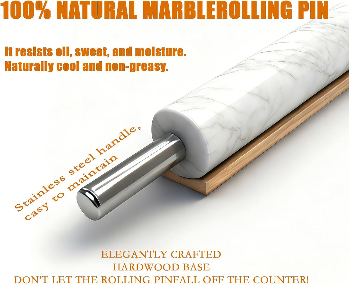 White Marble Rolling Pin with Stainless Steel Handles Baking Set - Silicone Baking Mat, Stainless Steel Dough Cutter, 3 Multicolor Thickness Guides & Wooden Base, Ideal for Pastry, Dough & Pizza