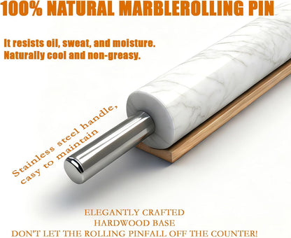 White Marble Rolling Pin with Stainless Steel Handles Baking Set - Silicone Baking Mat, Stainless Steel Dough Cutter, 3 Multicolor Thickness Guides & Wooden Base, Ideal for Pastry, Dough & Pizza