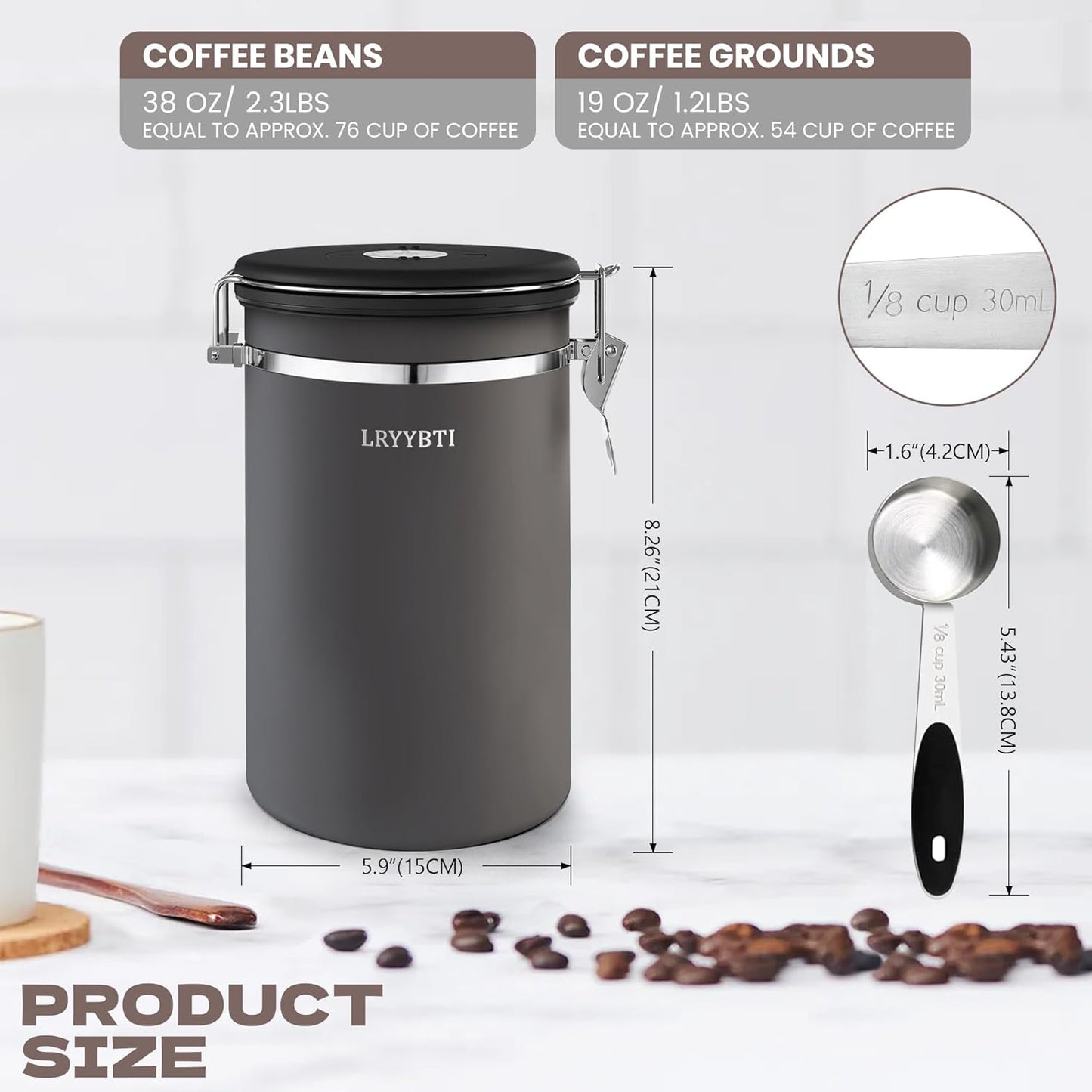 Coffee Canisters with Window,Scoop and Airtight Lid Stainless Steel Kitchen Bean Storage Grounds Container Date Tracker and Scoop for Grounds Coffee Bar Accessories (Cream+window, 22 oz)