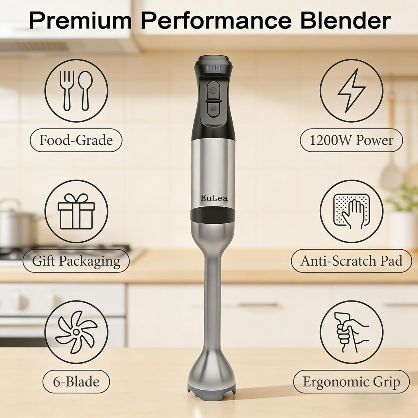 8-in-1 Hand Blender 1200W 5-Speed, Immersion Stick Blender Set with Meat Grinder Dough Hooks Whisk Mixing Cup Storage Rack, for Smoothie Soup Puree Food Dough