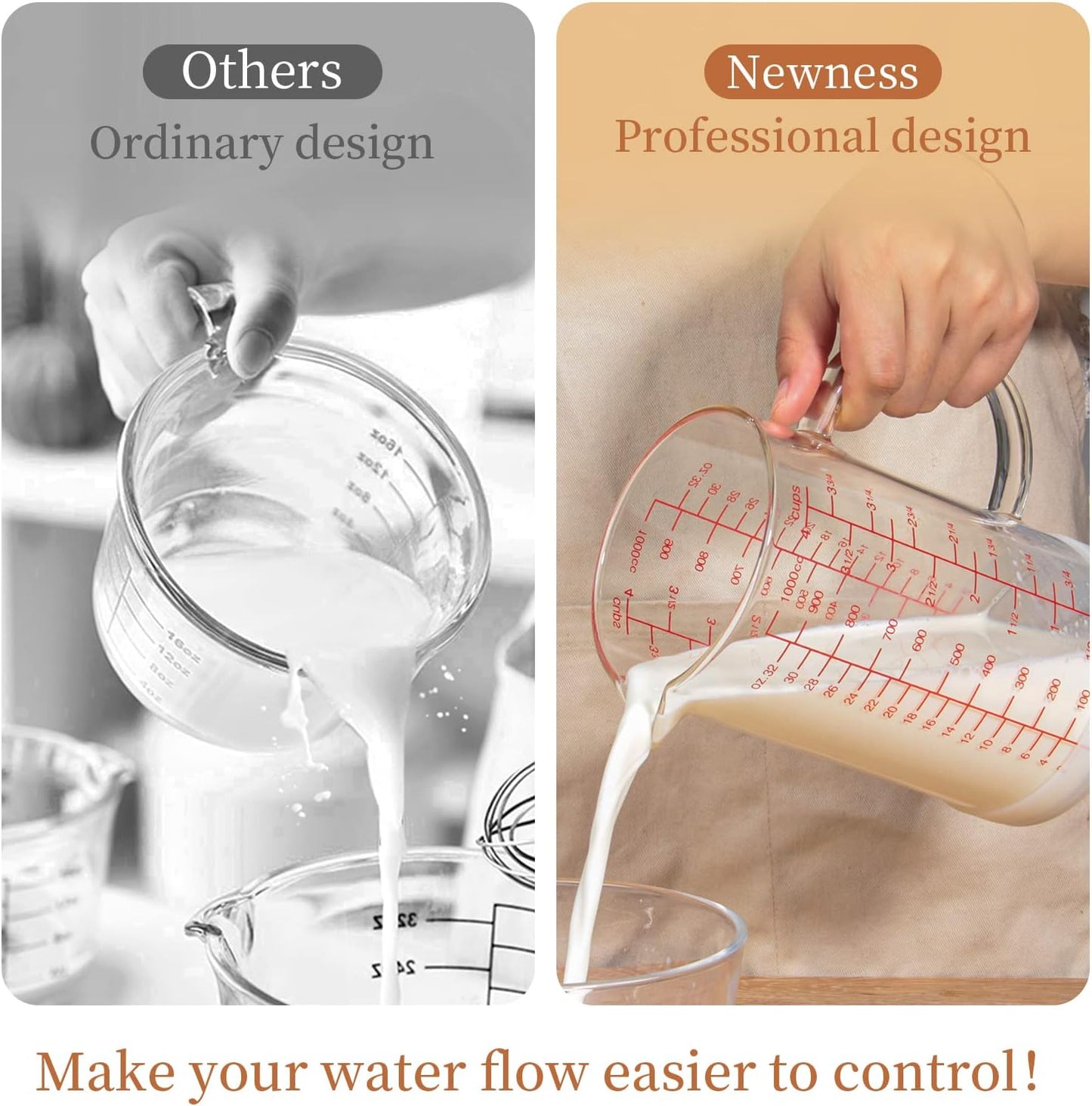 Newness 2-Cup Glass Measuring Cup For Baking and Cooking, (Upgraded, 3 Marking Including Cup/ML/Ounce Scale) Dishwasher, Freezer, Microwave, and Preheated Oven Safe, Essential Kitchen Tools