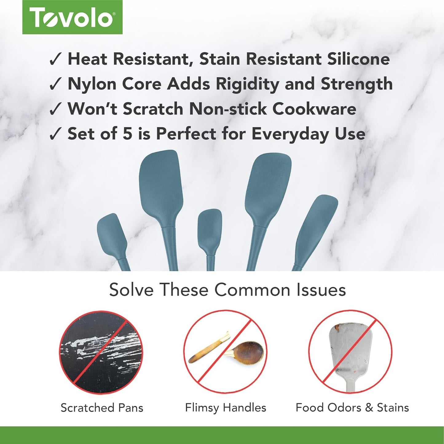 Tovolo Stainless Steel Handled Silicone Spatula Set of 5 White, Dishwasher Safe Kitchen Spatula Set for Cooking Baking, Non Toxic BPA Free Silicone Spatula set with Metal Steel Handle
