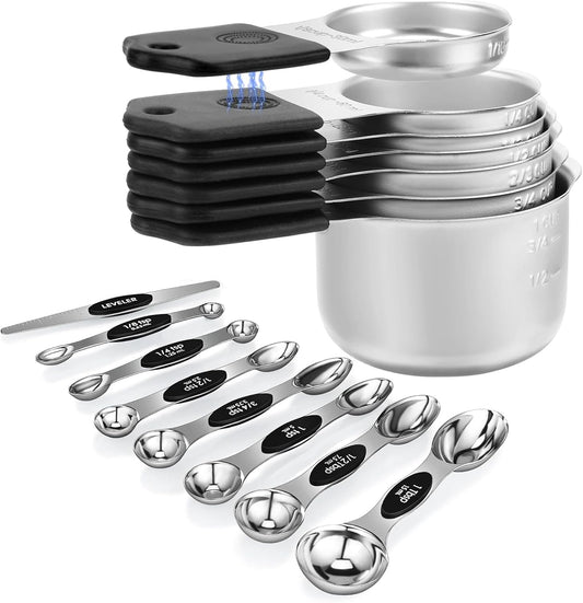 Magnetic Measuring Cups and Spoons Set, N52 Magnetic Nesting Design magnetic spoons, 304 Stainless Steel measuring cups, Dual-sided Design Set of 15 with Leveler for Dry & Liquid Ingredients Black