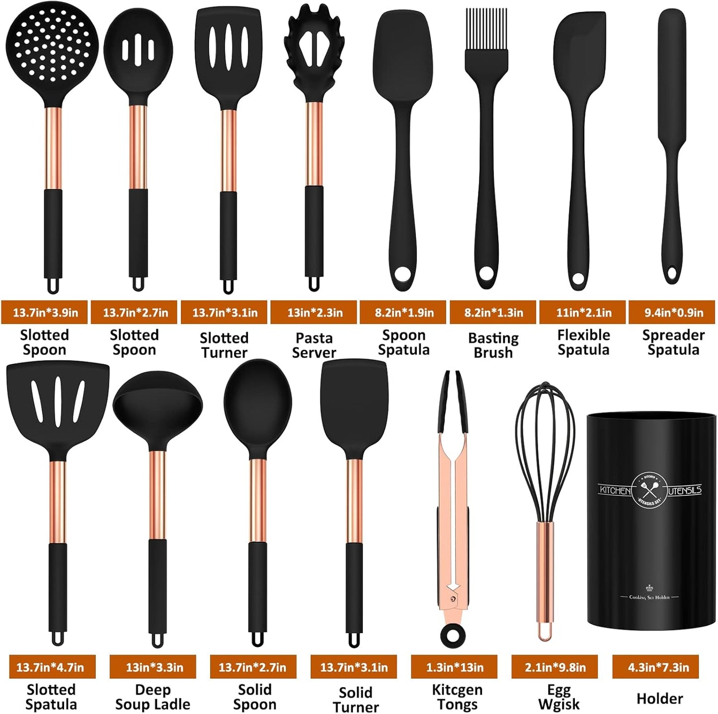Silicone Cooking Utensil Set, Umite Chef 15pcs Silicone Cooking Kitchen Utensils Set, Non-stick - Best Kitchen Cookware with Stainless Steel Handle - Black Kitchen Utensils