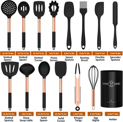 Silicone Cooking Utensil Set, Umite Chef 15pcs Silicone Cooking Kitchen Utensils Set, Non-stick - Best Kitchen Cookware with Stainless Steel Handle - Black Kitchen Utensils