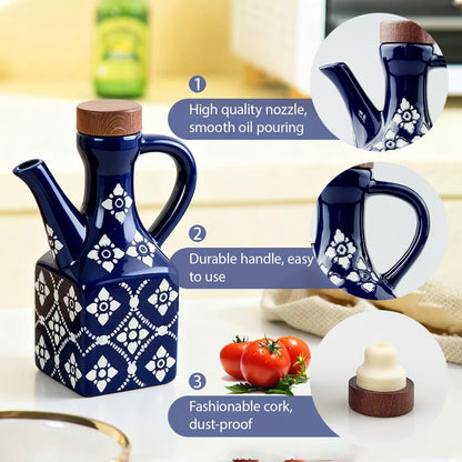Olive Oil Dispenser Bottle Ceramic，8.5 Oz Decoration Oil Dispenser for Kitchen，Leakproof Oil And Vinegar Container with Handle，Italian Cooking Oil Cruet，Easy Pour (Blue)