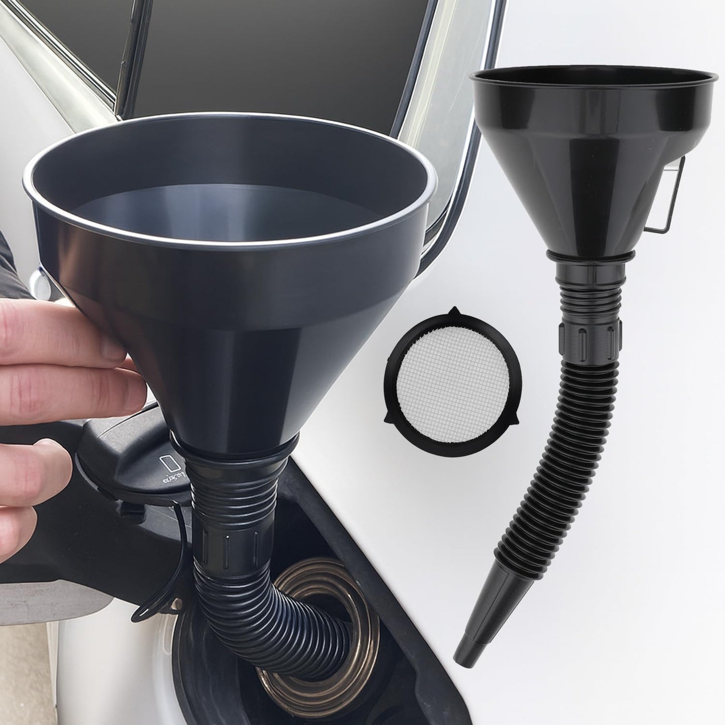 6 Pcs Automotive Oil Funnel Set – Wide Mouth Fuel Funnels with Long Neck, Flexible Spout & Removable Filter – for Gasoline, Coolant, Water, Engine Oil