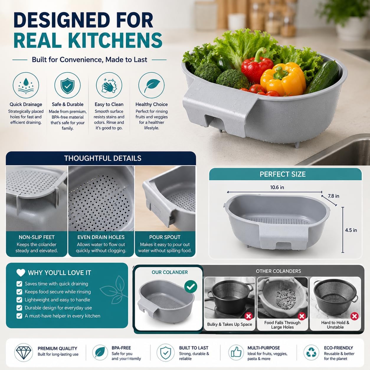 Kitchen Sink Strainer Basket with Handle – Over Sink Colander for Rinsing Fruits Vegetables Draining Pasta Defrosting Food Air Drying Dishes – BPA-Free Dishwasher Safe – Blue 9.5"×6.5"×3.9"
