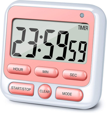 KTKUDY Digital Kitchen Timer with Mute/Loud Alarm Switch ON/Off Switch, 12-Hour Clock & Alarm, Memory Function Count Up & Count Down for Kids Teachers Cooking, Large LCD Display, Strong Magnet (Black)