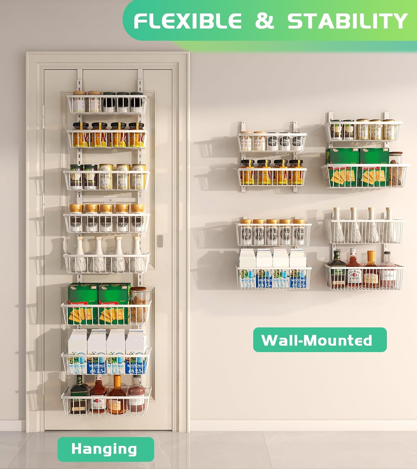 Mefirt White 9-Tier Over The Door Pantry Organizer, Pantry Organization and Storage, Deep Baskets Hanging Heavy-Duty Metal, Wall Spice Rack Seasoning Shelves for Home & Kitchen, Laundry Room Bathroom