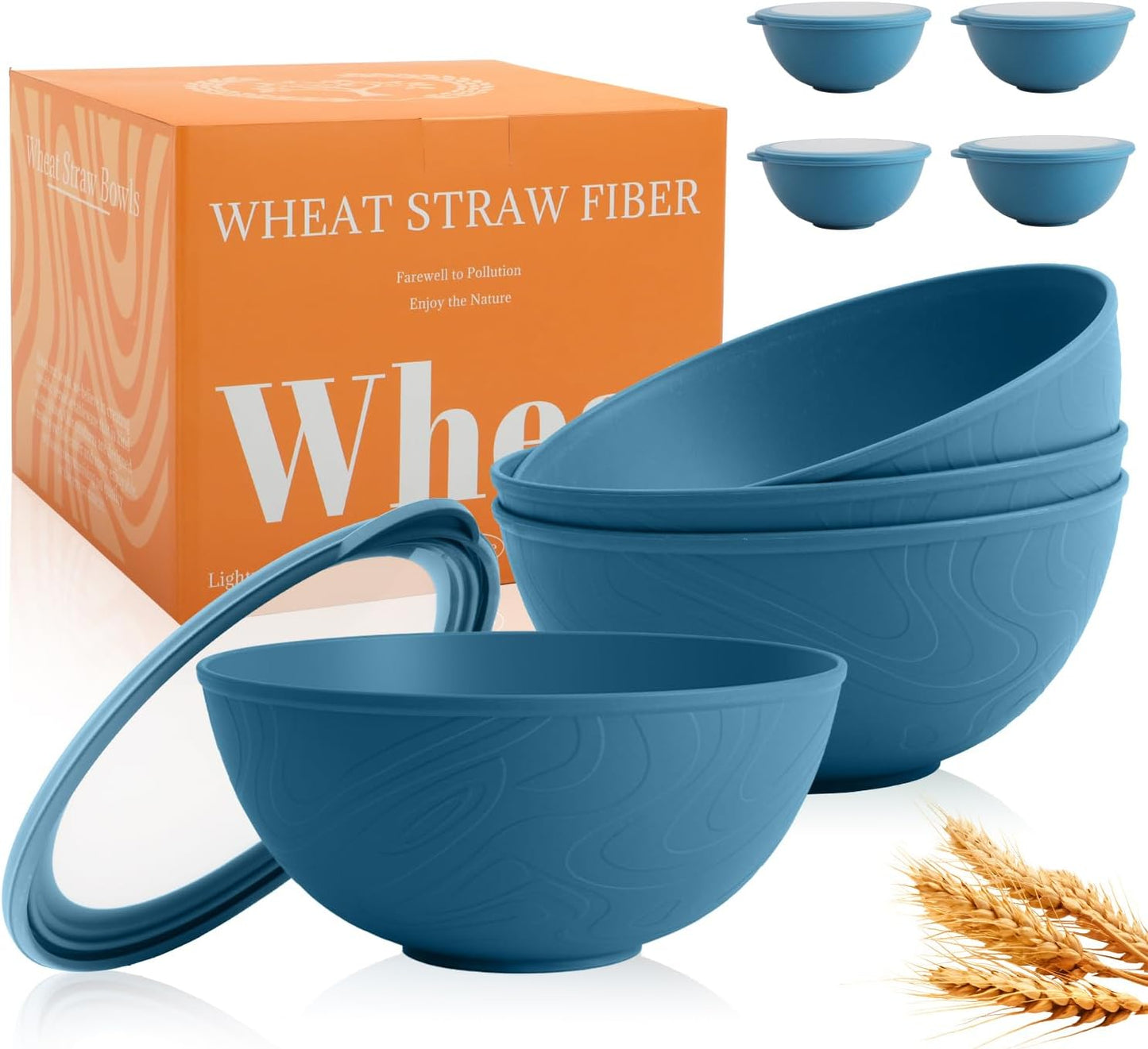 Wheat Straw Bowls Set with Lids, Unbreakable 40 OZ Cereal Bowls Set of 4, Salad Container for Lunch, Microwave & Dishwasher Safe Bowl Set for Kitchen, Picnic, RV, Camping, Multi