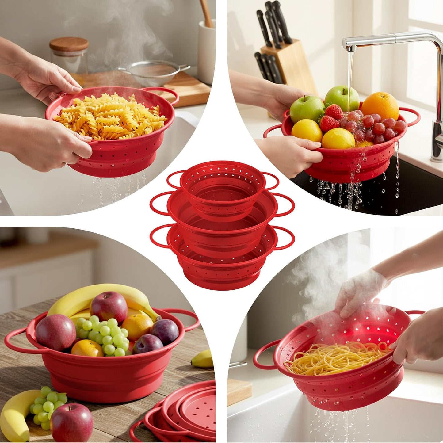 3 Pack Collapsible Colander with Strainer Bowl Set, 11 & 13 In BPA-Free Silicone Colanders for Kitchen, Heat-Resistant Space-Saving Strainer Dishwasher Safe Baskets for Vegetable Fruits(Grey)