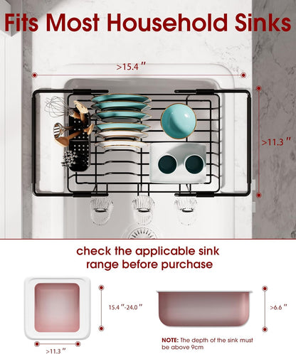 Sakugi Dish Drying Rack in Sink - Expandable Stainless Steel Dish Rack Over the Sink, Kitchen Sink Drain Strainer with Cutlery Holder & Cup Holders, 15.4 x 9.8 x 3.0 Inch, Silver