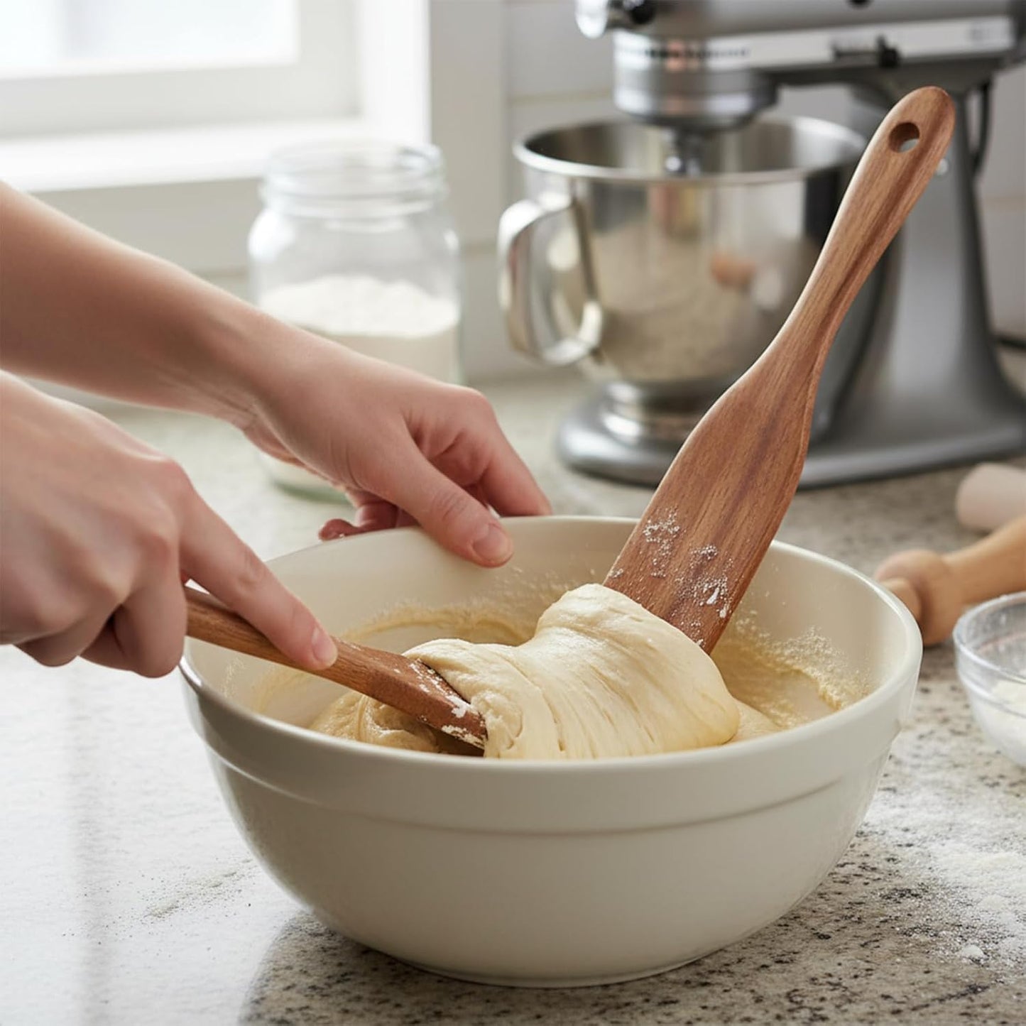 2 Pcs Wooden Spurtle for Sourdough Starter, Mixing, Dough Whisk and Stirring Utensil Kitchen Tools, Long Handle Jar Spatula for Reaching Bottomfor NonStick Cookware, Baking & Cooking Utensils