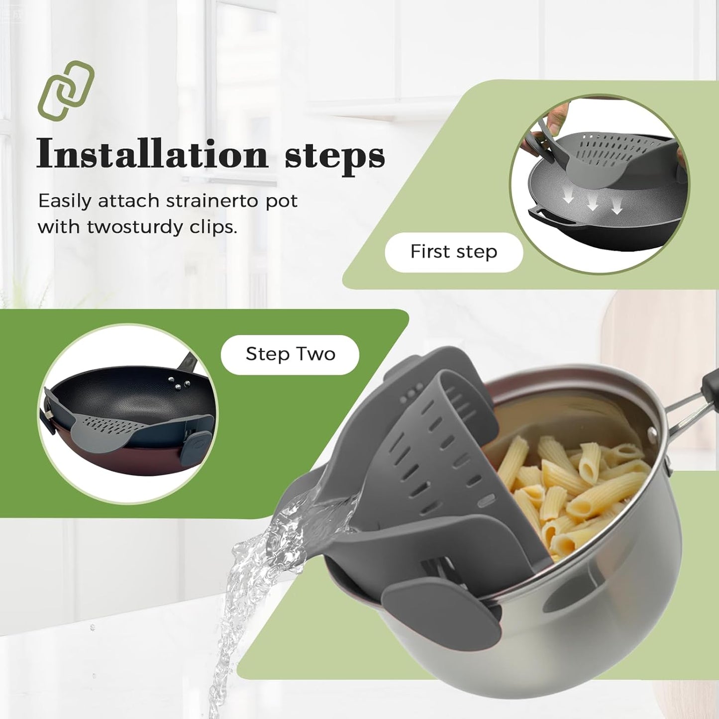 Clip-On Silicone Strainer for Pots, Heat-Resistant Handsfree Pasta & Vegetable Colander, Space-Saving Kitchen Gadget for Noodles, Veggies & Berries (Grey)