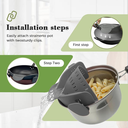 Clip-On Silicone Strainer for Pots, Heat-Resistant Handsfree Pasta & Vegetable Colander, Space-Saving Kitchen Gadget for Noodles, Veggies & Berries (Grey)