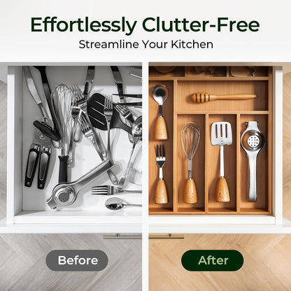 keechee Carbonized Bamboo Kitchen Drawer Organizer, 10 Slots Expandable Silverware Organizer, Utensil Holder & Cutlery Tray, 2.2" Deep for Extra Capacity, Non-Slip Feet Included