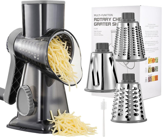 Rotary Cheese Grater Hand Crank with Suction Base, 3-in-1 Cheese Shredder for Cheese, Vegetables & Nuts, Easy to Clean (black)