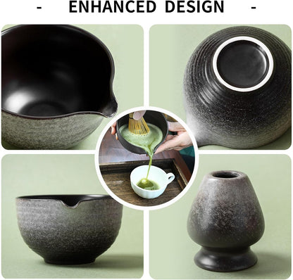 Matcha Whisk Set,Matcha Set Includes Ceramic Bowl with Spout,Stainless Sifter,Scoop,Whisk and Holder,Complete 5 Pcs Japanese Matcha Kit Making Tools,Green