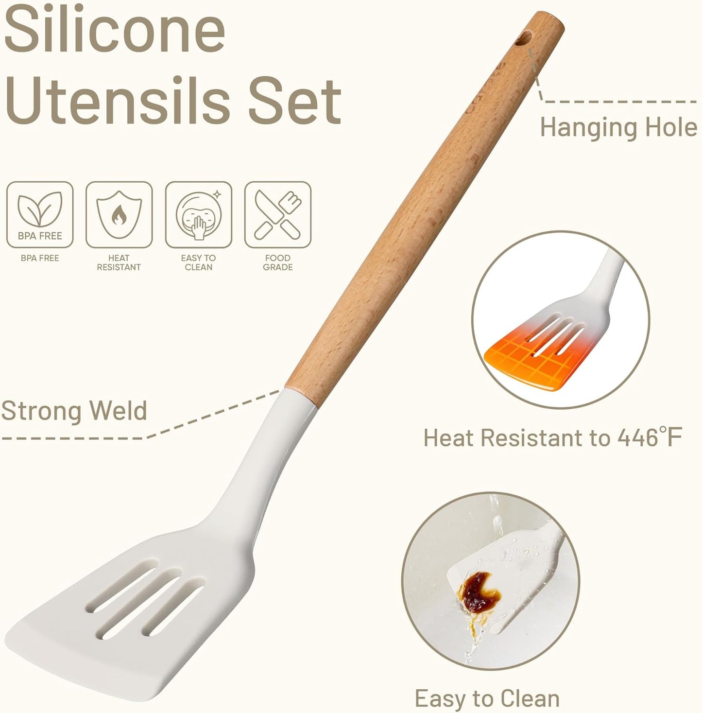 CAROTE Silicone Cooking Utensils Set, Kitchen Utensils Set 10 Pcs for cooking, BPA Free Spatula Set with Heat Resistant Wood Handles for Nonstick Cookware (Cream White)