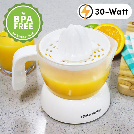 Elite Gourmet ETS-411 BPA-Free 30-Watt Electric Citrus Juicer Extractor: Compact Large Volume Pulp Control Oranges, Lemons, Limes, Grapefruits with Easy Pour Spout, 16 oz, White