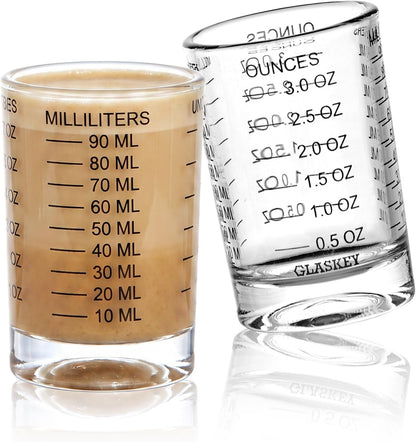 GLASKEY 2 Pack Shot Glass Measuring Cup Set,3 oz/90ML Liquid Heavy High Espresso Glass Cup,Dishwasher Safe,Measurement of Dry and Liquid Ingredients(Black)