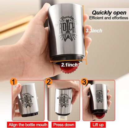2PCS Beer Bottle Opener with Magnetic Cap, Automatic Stainless Steel One-Handed Bottle Cap Opener, Spring Loaded Push&Pop for Kitchen Home Bar Restaurant Household Utensils Destapador de Cerveza