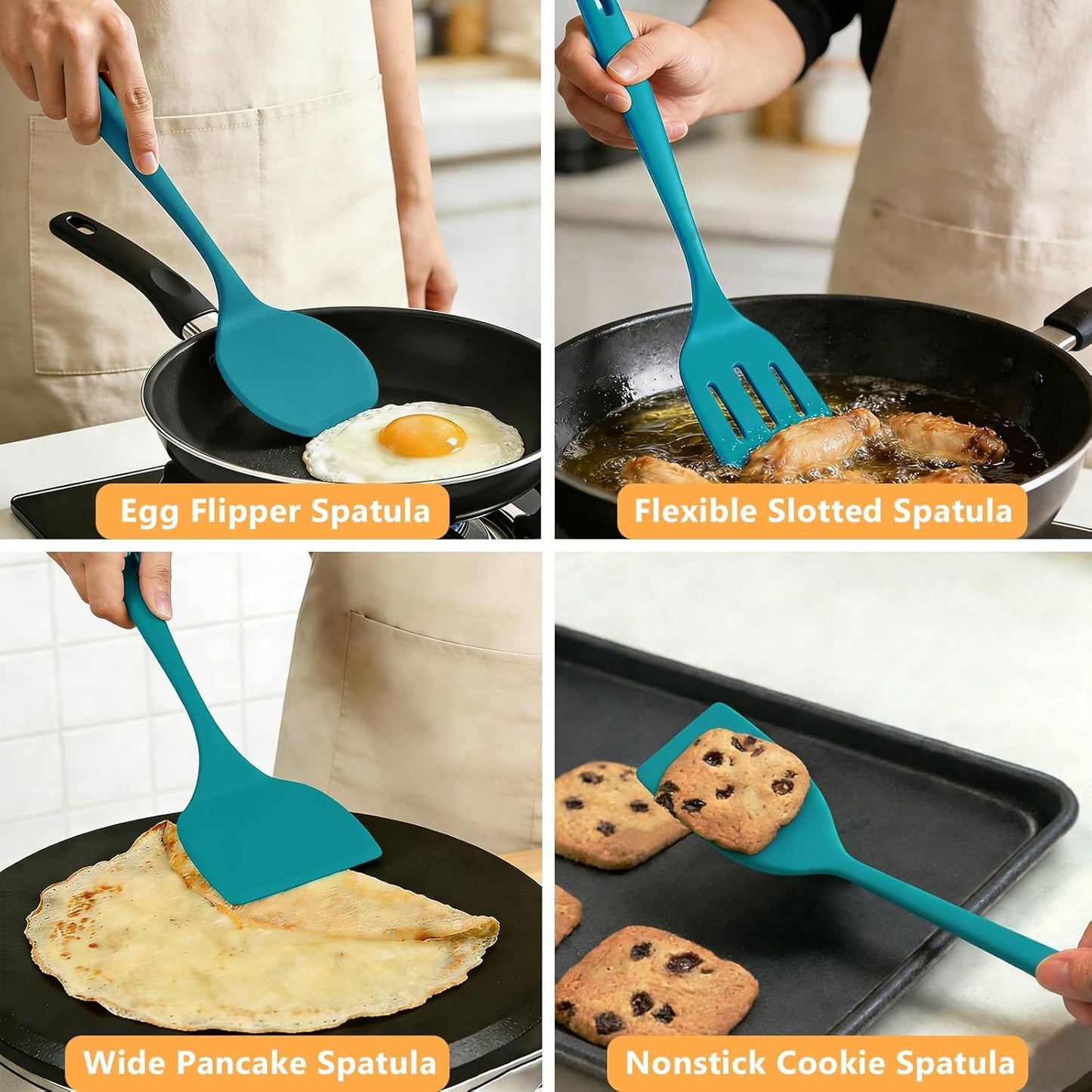 Silicone Spatula Turner Set, 600°F High Heat Resistant Spatulas for Cooking, BPA Free, Large Flexible Kitchen Utensils Flipping Eggs, Pancakes, Fish, Burgers, Dishwasher Safe (4 Pack, Black)
