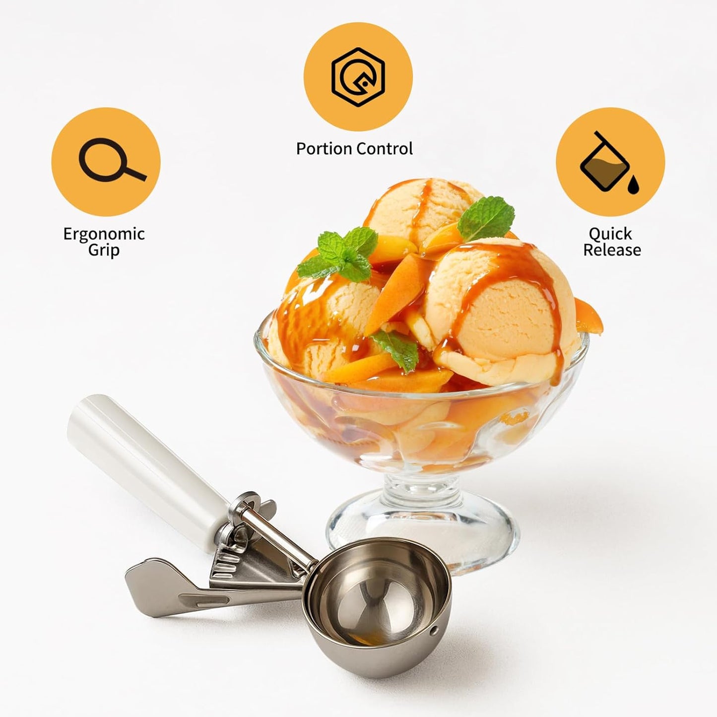 Portion Scoop - Disher, Cookie Scoop, Food Scoop - Portion Control - 18/8 Stainless Steel, Milk White Handle (#10 / 3oz)