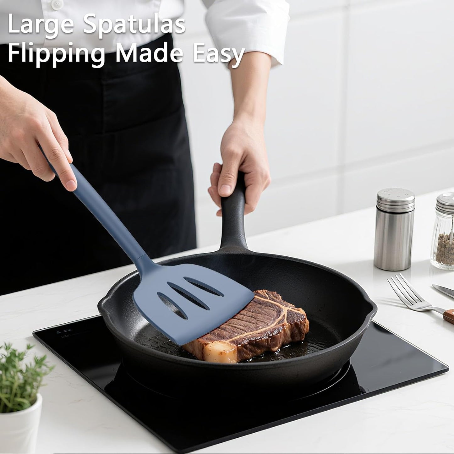 Coukre 3 Pack Silicone Spatula Set, High Heat Resistant, BPA-Free, Fish Spatula, Solid & Slotted Turner for Non-Stick Pans, Flipping Eggs, Pancakes, Fish, Burgers (3, PureBlack)