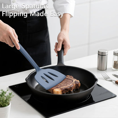 Coukre 3 Pack Silicone Spatula Set, High Heat Resistant, BPA-Free, Fish Spatula, Solid & Slotted Turner for Non-Stick Pans, Flipping Eggs, Pancakes, Fish, Burgers (3, PureBlack)