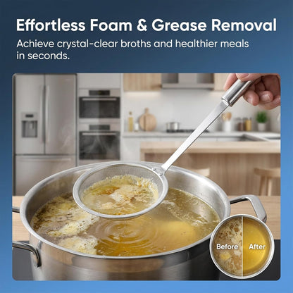 4" Stainless Steel Fat Skimmer Spoon, Kitchen Fine Mesh Food Strainer Multi-Functional Hot Pot Skimmer with Long Handle for Skimming Cooking Frying Grease Gravy Foam