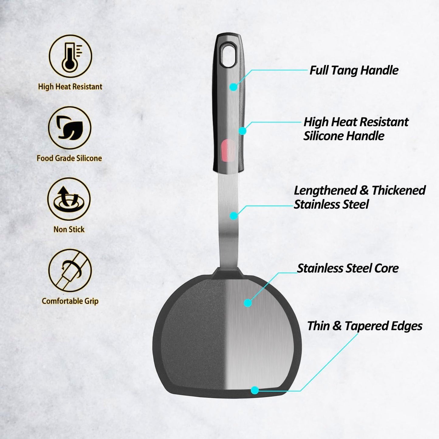 Silicone Pancake Spatula Turner with Lengthened Handle& Seamless Design, Heat Resistant Slotted Flipper for Nonstick Cookware, Large Flexible Kitchen Utensils for Egg, Pancake, Burger, Slotted Black