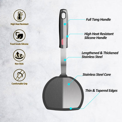 Silicone Pancake Spatula Turner with Lengthened Handle& Seamless Design, Heat Resistant Slotted Flipper for Nonstick Cookware, Large Flexible Kitchen Utensils for Egg, Pancake, Burger, Slotted Black