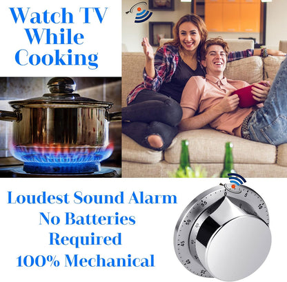 Albayrak Kitchen Timer, Chef Cooking Timer Clock with Loud Alarm, No Batteries Required, 100% Mechanical - Magnetic Backing, Exquisite Stainless Steel Body - Countdown Reminder - Silver 1Pack