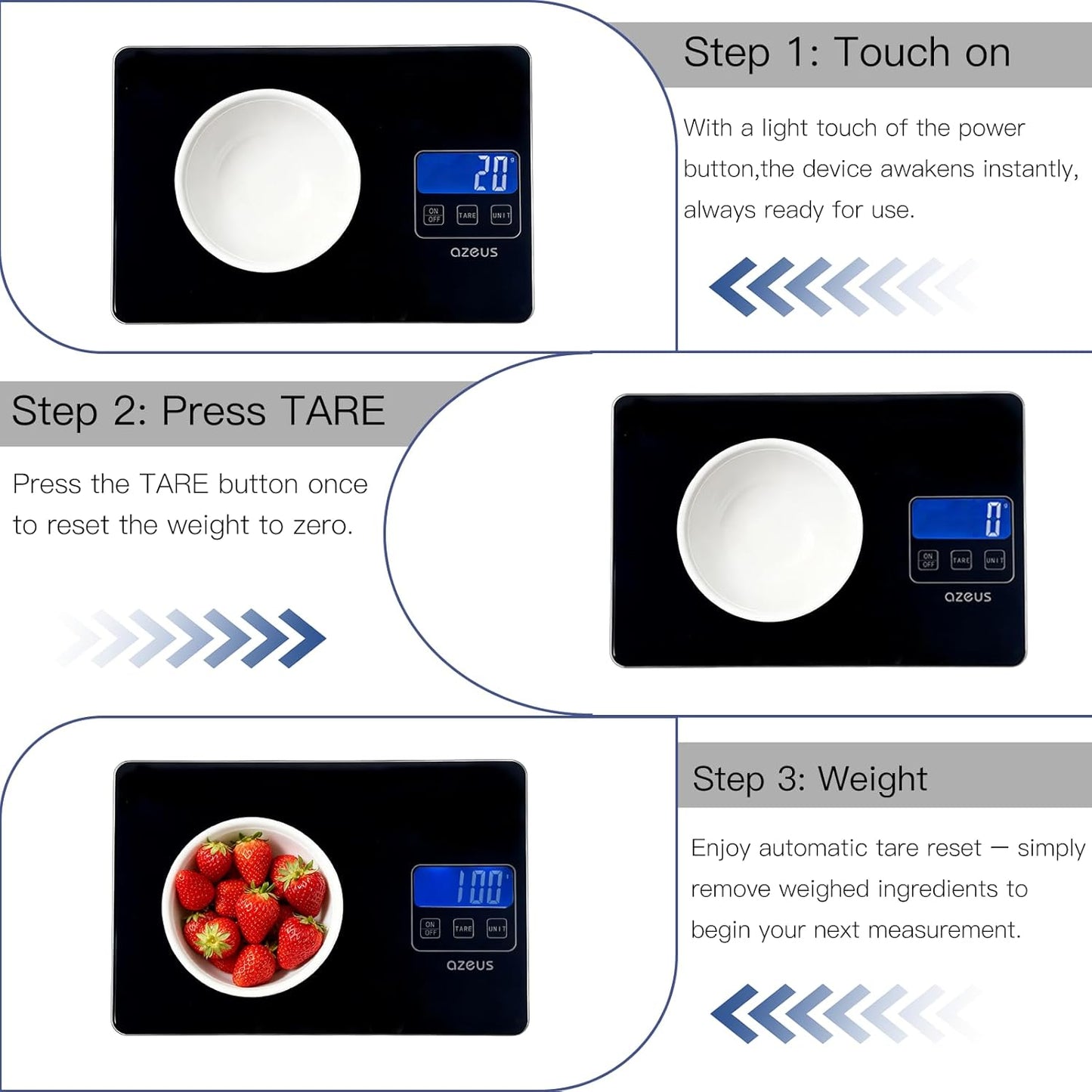 AZEUS Food Scale with USB Rechargeable, Digital Kitchen Scale with 6 Units, High Precision to 0.04 oz /11lbs Capacity, Weight Range from 3g-5000g (White)