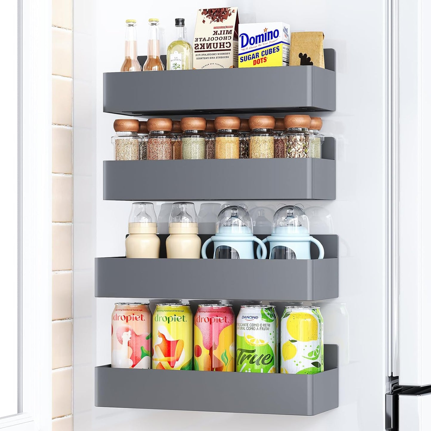 Mystozer Magnetic Spice Rack for Refrigerator, Kitchen Organizer and Storage Shelf, Black (4 Pack)…