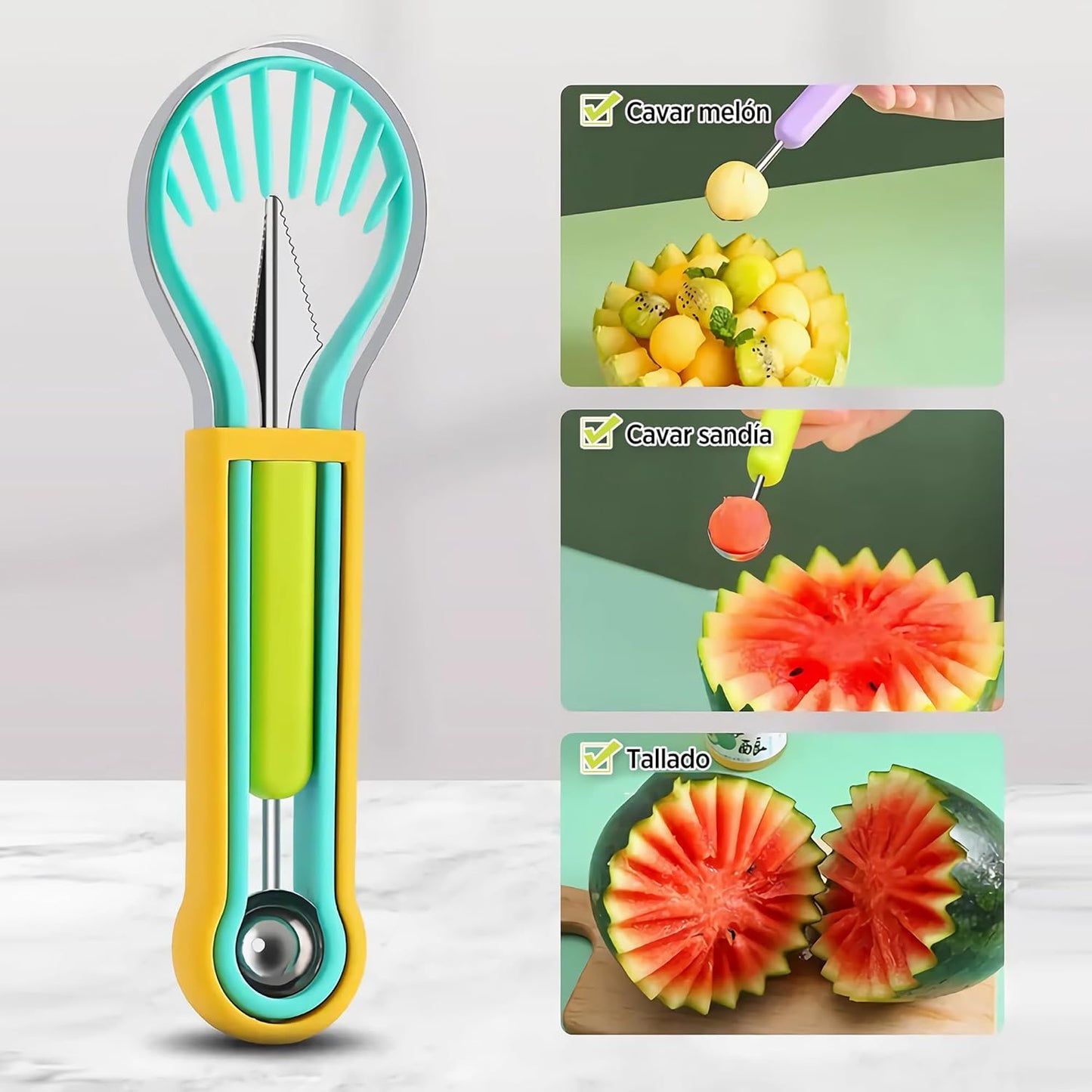 2 PCS Melon Baller Scoop Set, 4 in 1 Stainless Steel Stainless Steel Fruit Tool Set, Fruit Carving Tools for Dig Pulp Separator, Watermelon Cutter Slicer Fruit Scooper (Green + Purple)