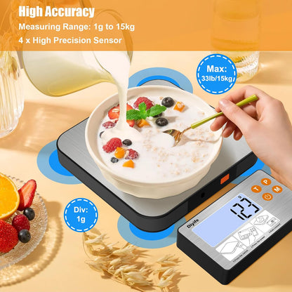 33lb Food Scale with Split Display, Diyife Digital Kitchen Scales, 1g/0.1oz Precise Graduation, 304 Stainless Steel Platform, Backlit LCD, for Cooking, Meal Prep