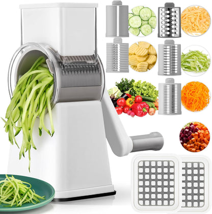 6-in-1 Multifunctional Rotary Cheese Grater with 11 Blades Dice Shred Slice Vegetable Chopper with Suction Base 360° Rotating Handle Safety Push Cup Multi Food Slicer Dicer for Kitchen(White)