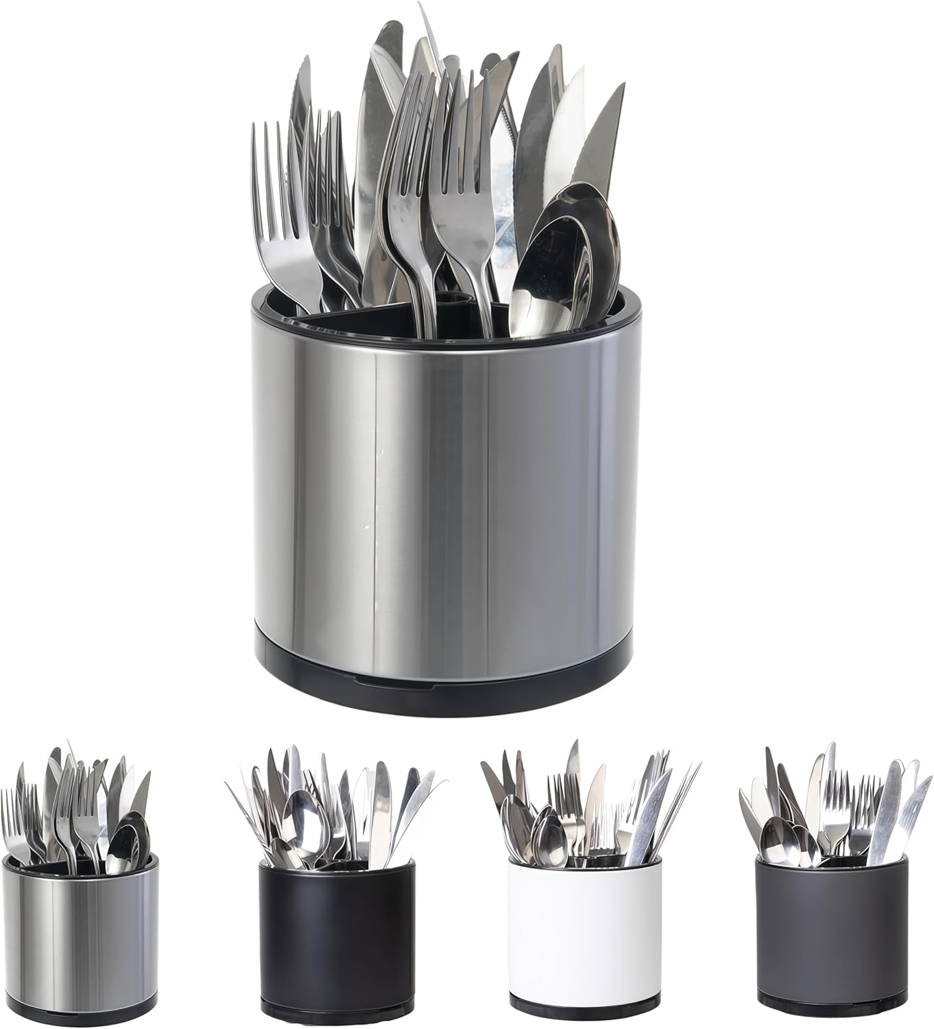 LIBODOUR Kitchen Utensil Holder Extra Large 360°Rotating For Counter Organizer Stainless Steel Storage Cooking Silverware Caddy 3 Compartment Flatware Spoon Spatula Tool Cutlery Container（Silvery）
