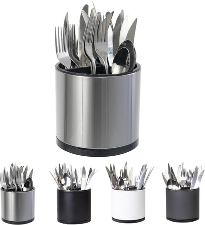 LIBODOUR Kitchen Utensil Holder Extra Large 360°Rotating For Counter Organizer Stainless Steel Storage Cooking Silverware Caddy 3 Compartment Flatware Spoon Spatula Tool Cutlery Container（Silvery）