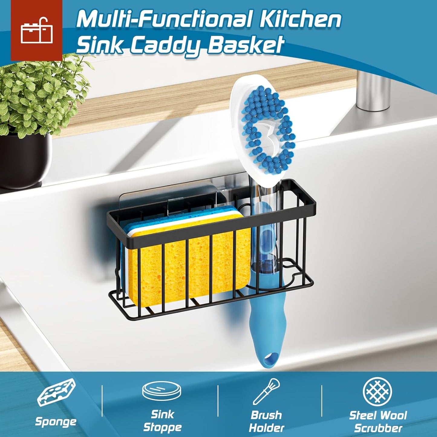 MURLONG Sponge Holder for Kitchen Sink,Sink Caddy Organizer with Suction Cups/Adhesive Strips,Dish Sponge Holder Design for Sponges,Scrubber,Stoppers-Black
