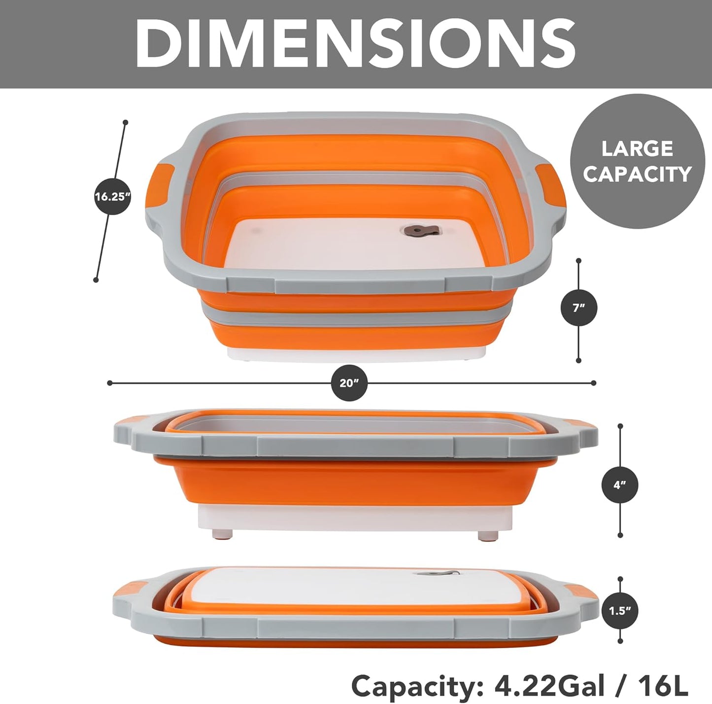 Collapsible Cutting Board(2.11 Gal/8L), BBQ Prep Tub with Locking Lid, Foldable Camping Sink with Colander, Multifunction Dish Basin for Kitchen, Bowl, Vegetable and Fruit, Storage Basket for Picnic