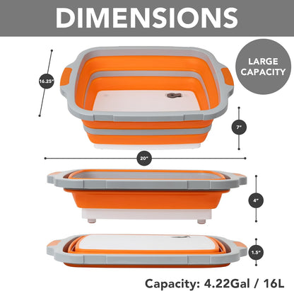 Collapsible Cutting Board(2.11 Gal/8L), BBQ Prep Tub with Locking Lid, Foldable Camping Sink with Colander, Multifunction Dish Basin for Kitchen, Bowl, Vegetable and Fruit, Storage Basket for Picnic