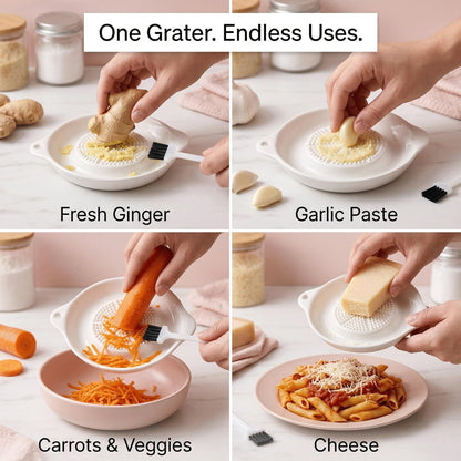 Ceramic Garlic Grater Plate, Ginger Grinder & Garlic Mincer with Raised Teeth, Multi-Function Manual Grater, Vegetables, Fruit & Spices, White (Round)
