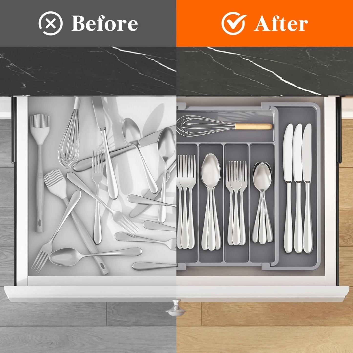 Lifewit Silverware Drawer Organizer, Expandable Utensil Tray for Kitchen, BPA Free Flatware and Cutlery Holder, Adjustable Plastic Storage for Spoons Forks Knives, 11-18 x 14", Black
