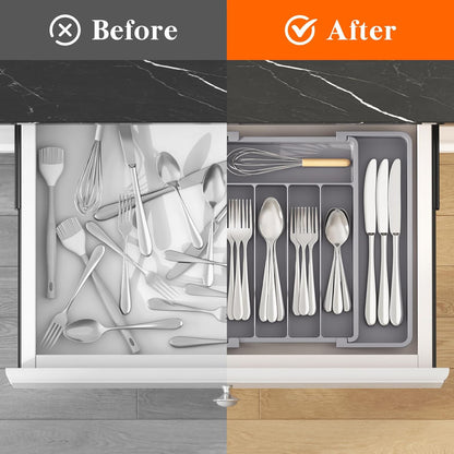 Lifewit Silverware Drawer Organizer, Expandable Utensil Tray for Kitchen, BPA Free Flatware and Cutlery Holder, Adjustable Plastic Storage for Spoons Forks Knives, 11-18 x 14", Black